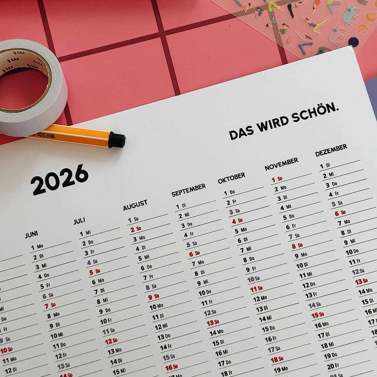 Übersichtlicher Kalender 2026 als DIN-A4-Druckvorlage zum Download, alle Monate auf einer Seite, ideal zum Ausdrucken.