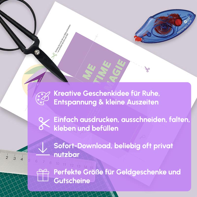 Wellness Gutschein zum Ausdrucken – DIY Geschenkbox „Me Time Magie“ mit passender Klappkarte