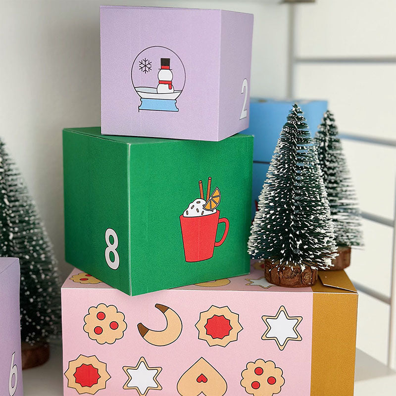 Adventskalender Druckvorlage mit modernen weihnachtlichen Motiven und 3 Boxengrößen – Gutschein-Werkstatt