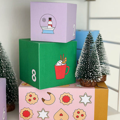 Adventskalender Druckvorlage mit modernen weihnachtlichen Motiven und 3 Boxengrößen – Gutschein-Werkstatt