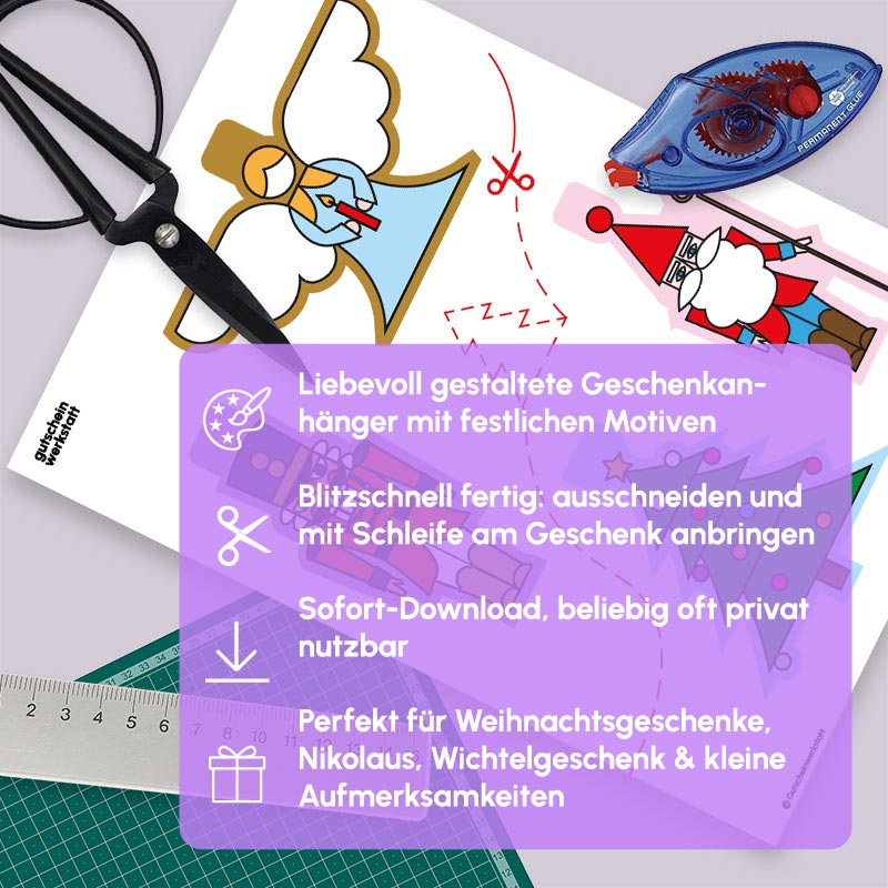 DIY Geschenkanhänger Weihnachtsmotive – digitale Druckvorlage mit festlichen Motiven & USPs – Gutschein-Werkstatt