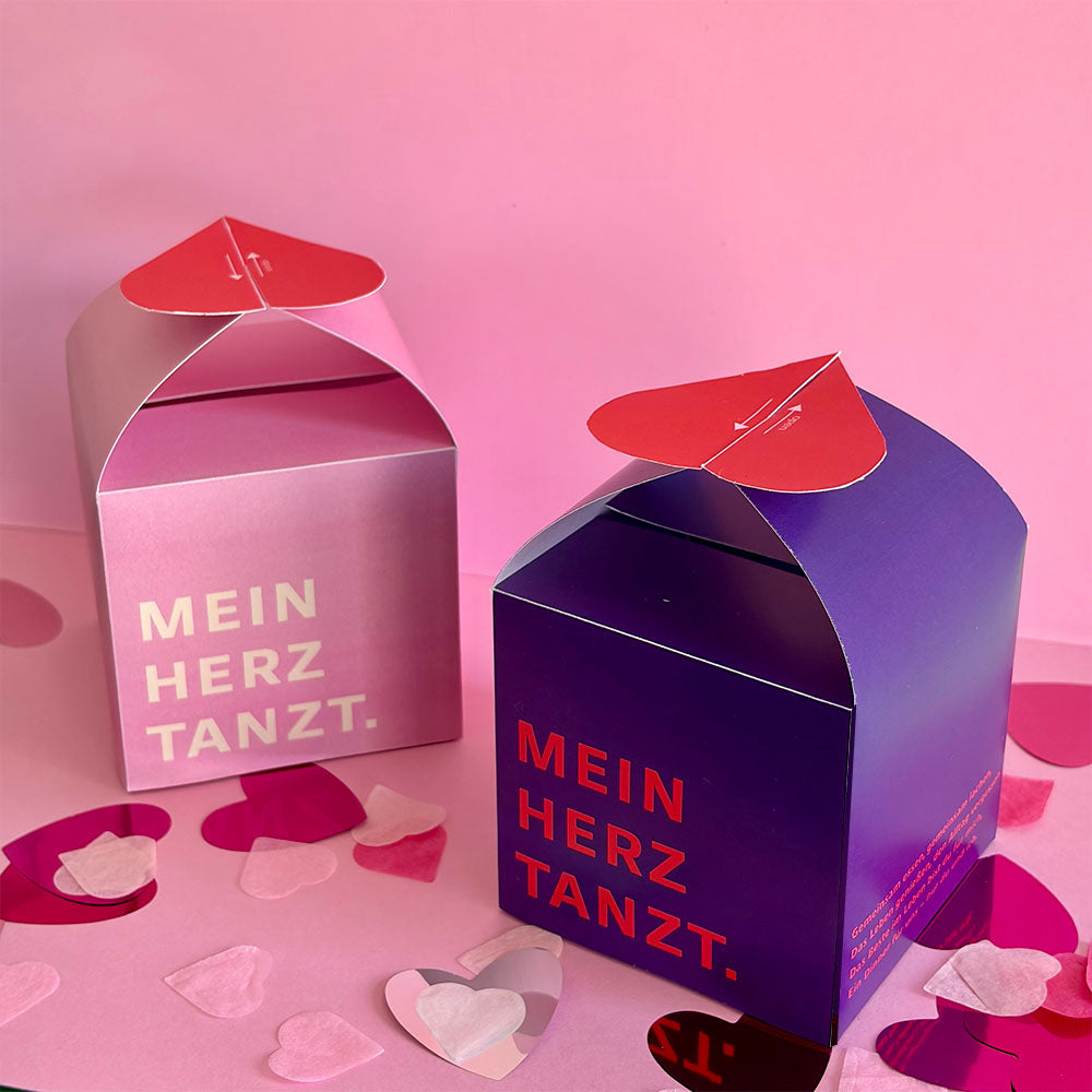 DIY Gutscheinbox „Mein Herz tanzt“ in Rosa und Violett – romantische Geschenkverpackung für einen Dinner-Gutschein