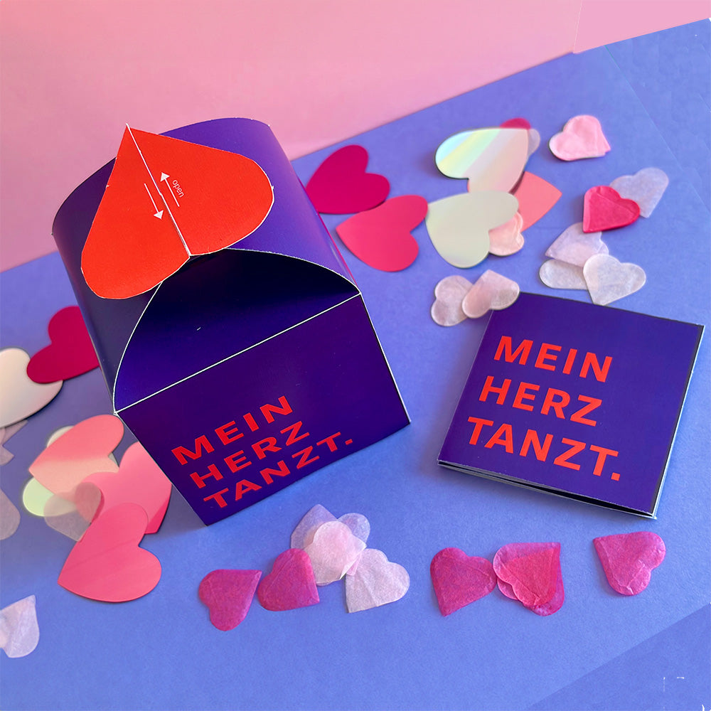 DIY Gutscheinbox „Mein Herz tanzt“ in Violett mit passender Klappkarte – romantisches Set für einen Dinner-Gutschein oder Date Night