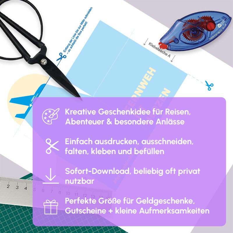 DIY Geschenkbox Vorlage „Fernweh im Herzen“ mit passender Gutscheinkarte – PDF zum Ausdrucken und Basteln