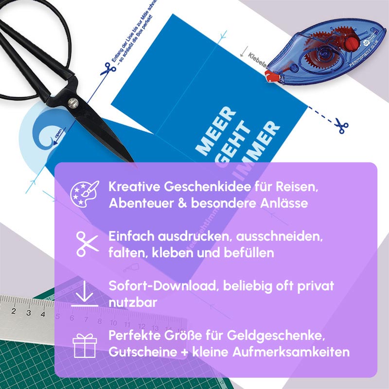 DIY Geschenkbox Vorlage „Meer geht immer“ mit passender Gutscheinkarte – PDF zum Ausdrucken und Basteln