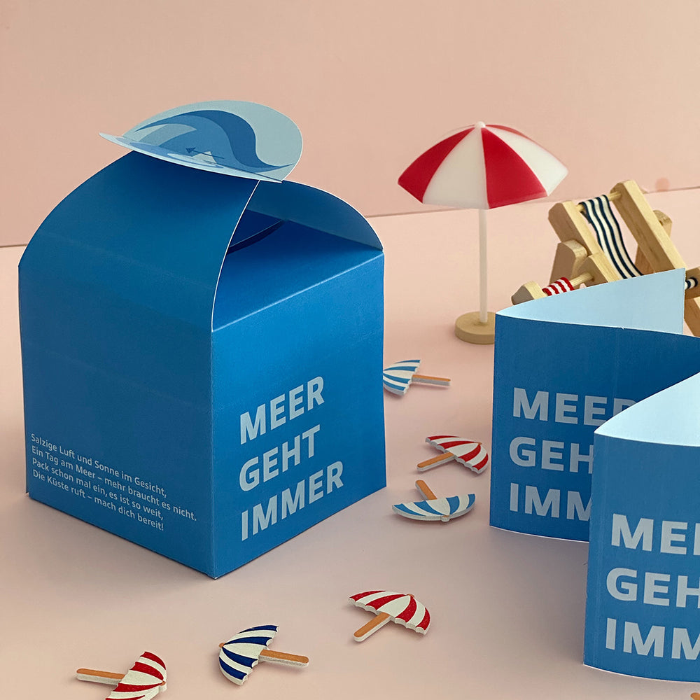 Geöffnete Geschenkbox „Meer geht immer“ – kreative Verpackung zum Befüllen mit Reisegutschein, Geld oder kleinen Überraschungen