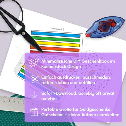 Digitale DIY Geschenkbox „Regenbogen“ – Bastelvorlage im Kuchendesign mit USPs: einfach ausdrucken, ausschneiden, falten & befüllen. Perfekt für Geschenke