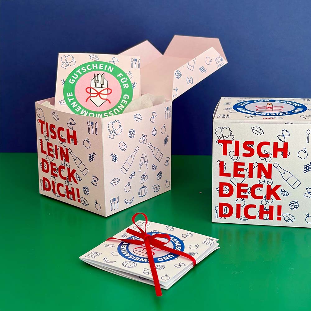 Moderne Gutscheinbox für ein Abendessen – digitaler Download zum Ausdrucken und Basteln, offene und geschlossene Variante.