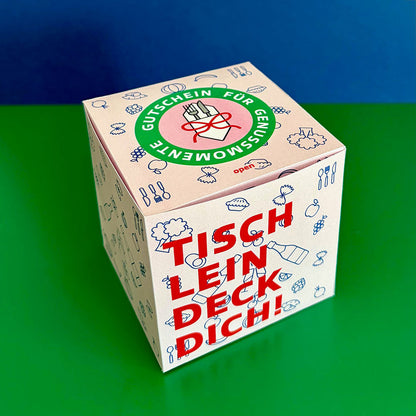 Gutschein für Genussmomente als DIY Geschenkbox – stilvolle Verpackung für einen Restaurantbesuch zum Ausdrucken.