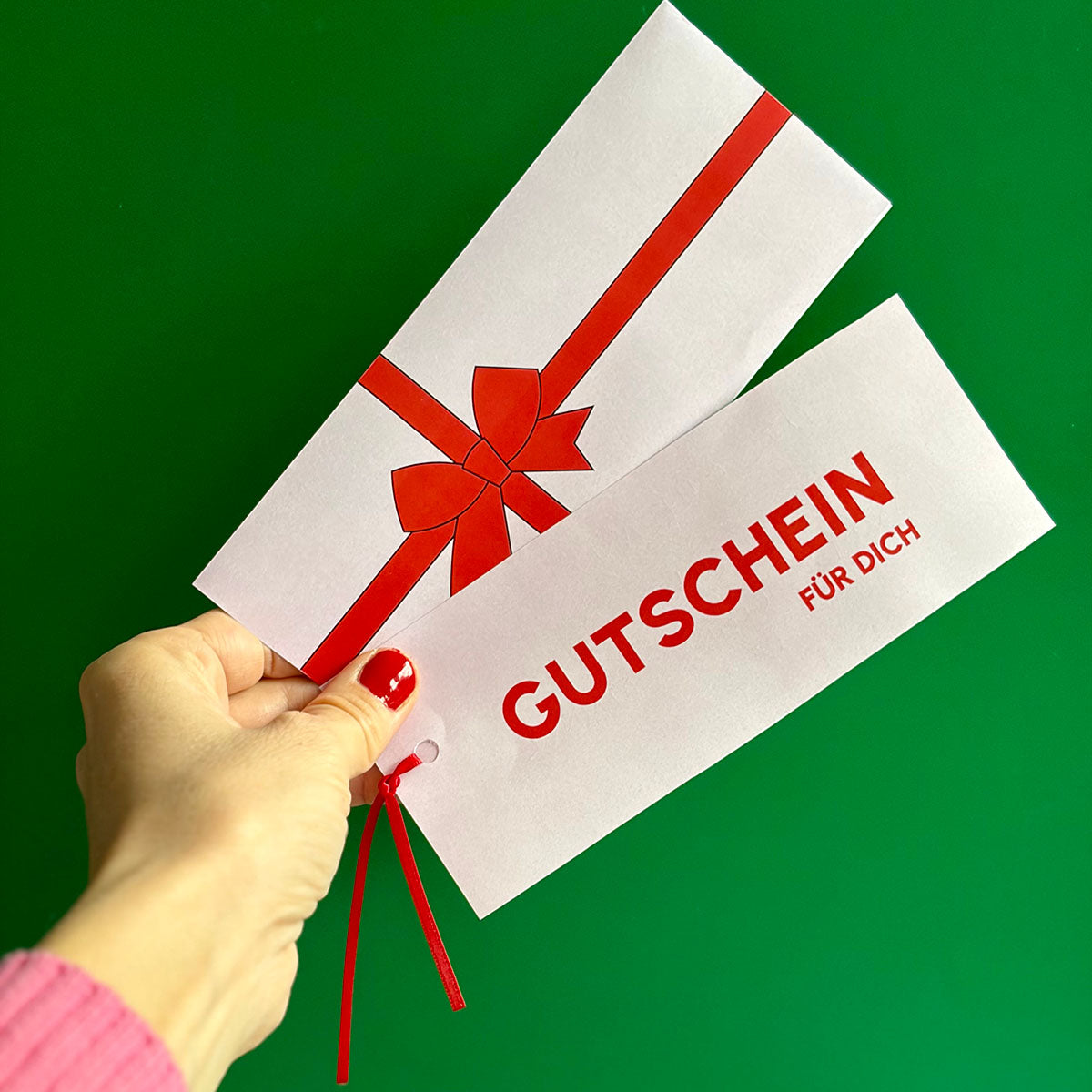 Roter Schleifen-Gutschein als Printable Vorlage – minimalistische Gutscheinkarte von Gutschein-Werkstatt.