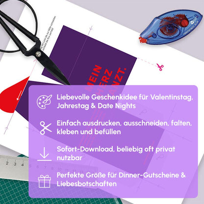 DIY Gutscheinbox „Mein Herz tanzt“ in Violett als Bastelvorlage – Printable Geschenkverpackung für Dinner-Gutscheine und Date Nights