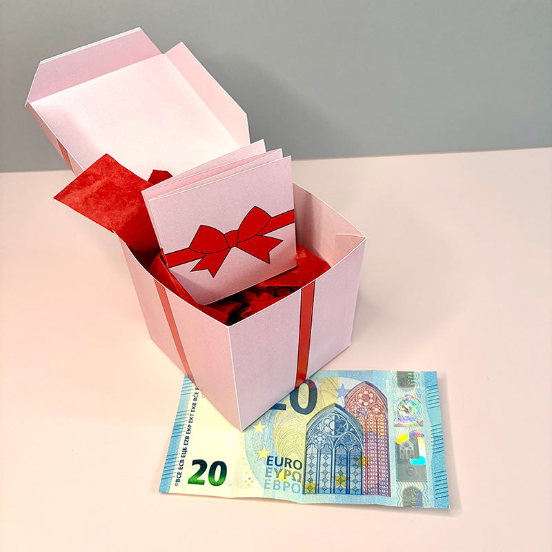 Rosa Geschenkbox mit Schleifen-Design und passender Klappkarte – PDF Vorlage für persönliche Gutscheine.