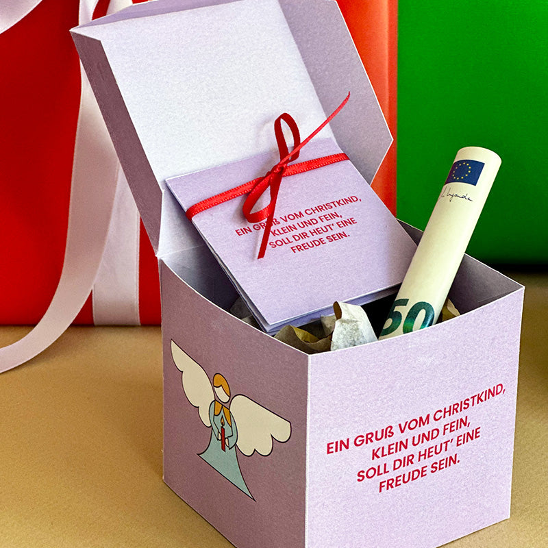 Geöffnete Gutscheinbox Vorlage Motiv “Christkind” – zum Befüllen mit Geld, Gutschein oder kleinen Geschenken