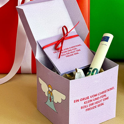 Geöffnete Gutscheinbox Vorlage Motiv “Christkind” – zum Befüllen mit Geld, Gutschein oder kleinen Geschenken
