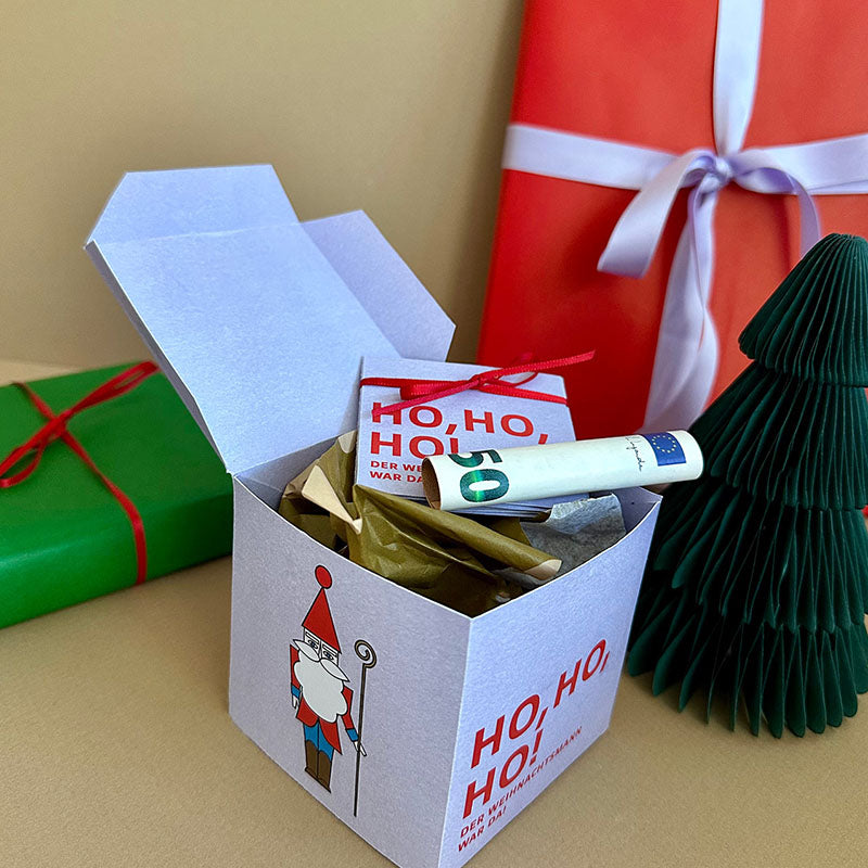 Geöffnete Gutscheinbox Vorlage Motiv “Ho Ho Ho” – zum Befüllen mit Geld, Gutschein oder kleinen Geschenken für Weihnachten und Wichteln