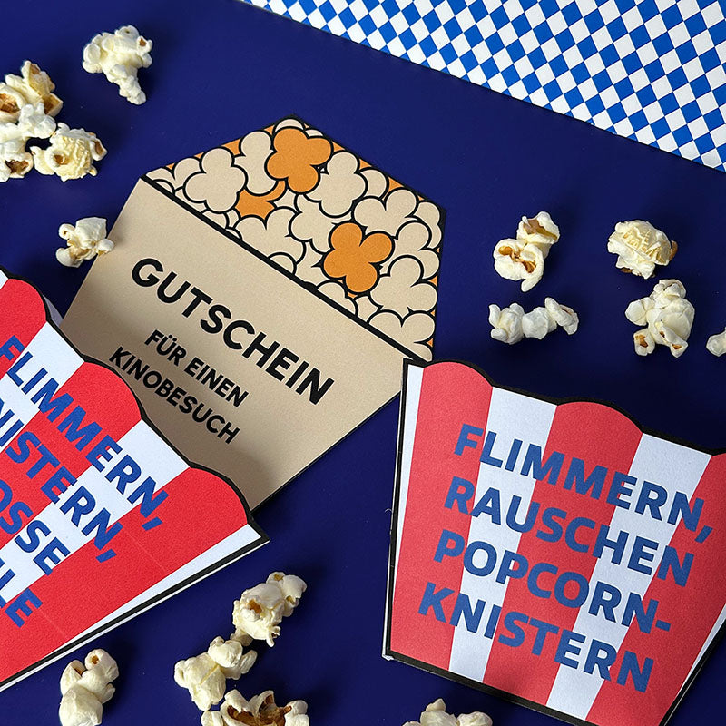Moderner Kino Gutschein zum Ausdrucken – DIY Popcorn Design mit Umschlag, schnell gebastelt und perfekt als Geschenkidee für einen Kinobesuch
