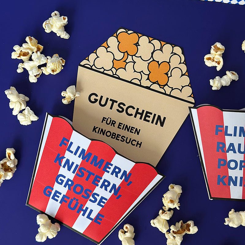 DIY Kino Gutschein im Popcornbox-Design – moderne Vorlage zum Ausdrucken, einfach ausschneiden und in wenigen Minuten basteln