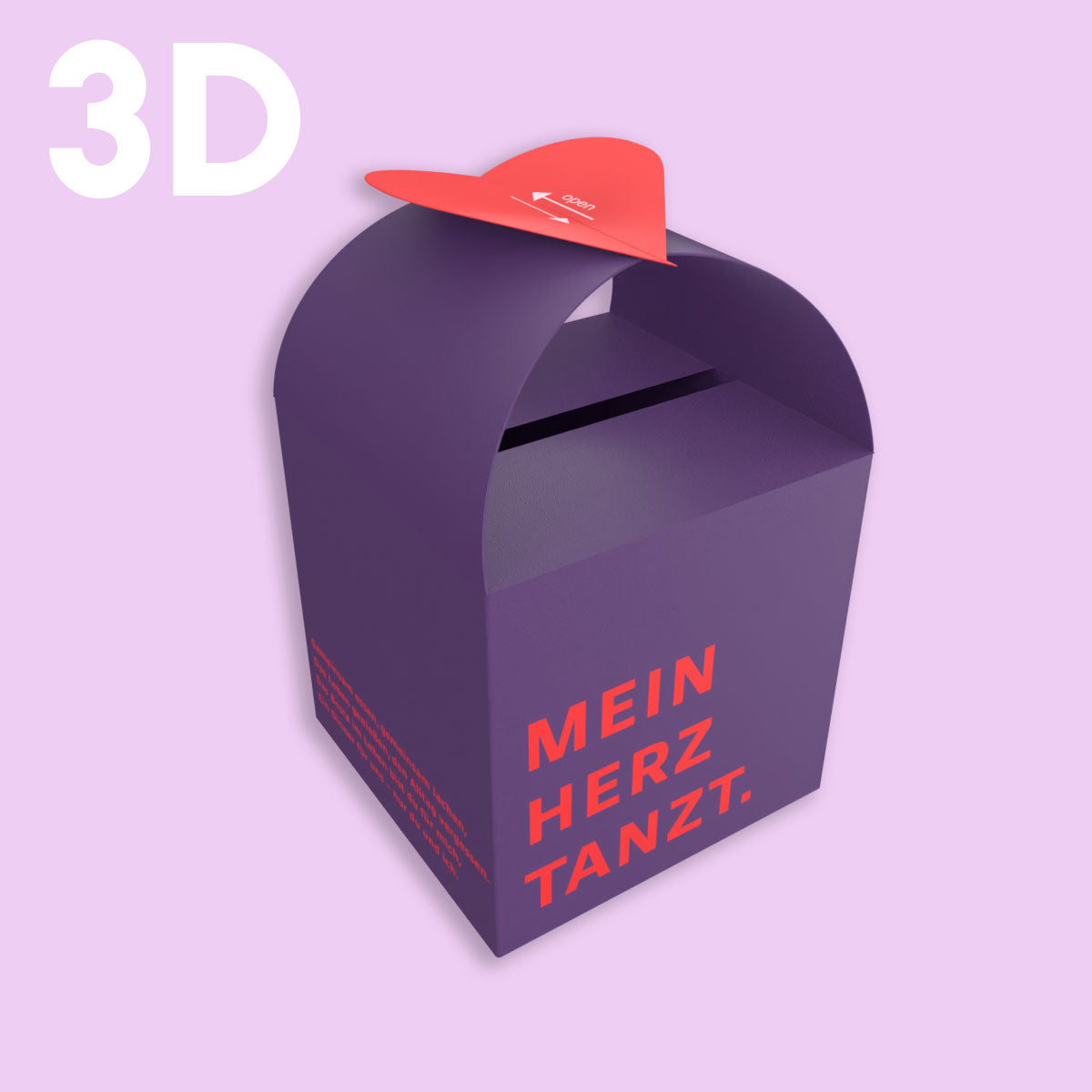 3D Ansicht der Gutschein- und Geschenkbox Mein Herz Tanzt in violett