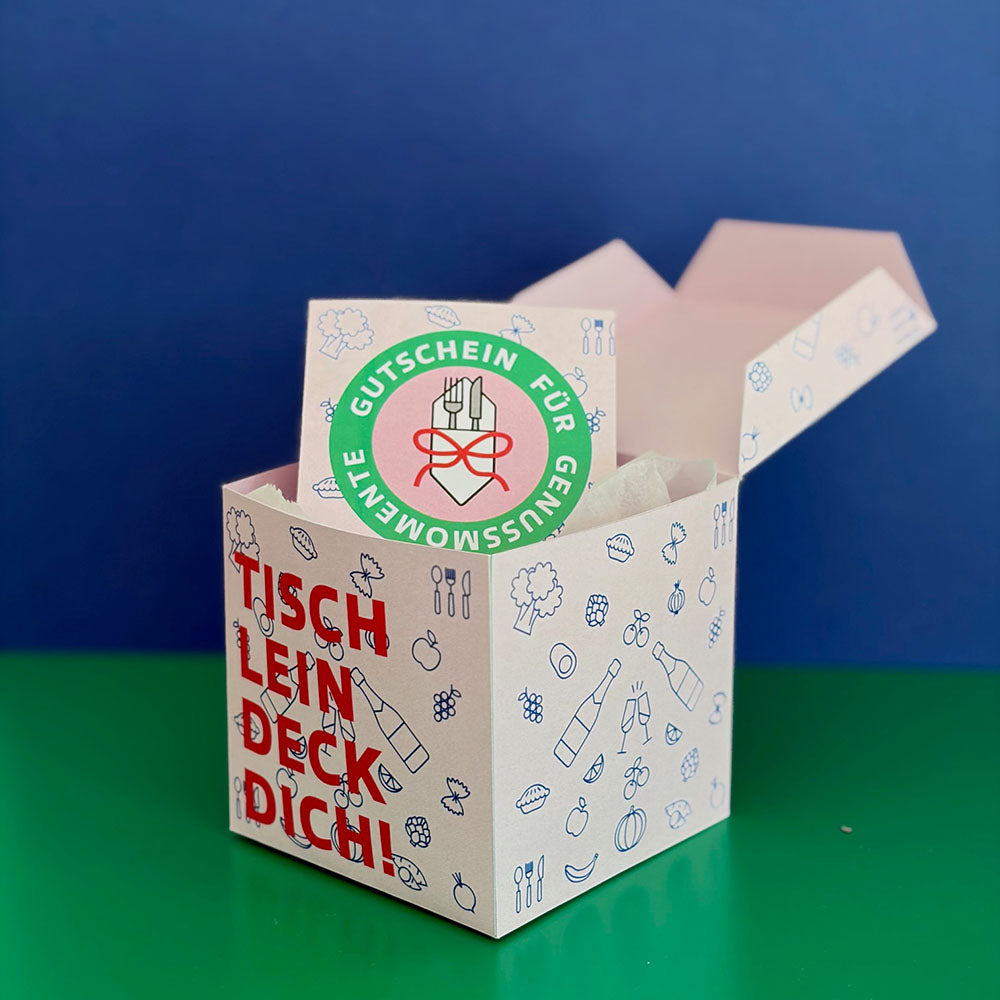 Modernes DIY Restaurant Gutschein Set als PDF. Stilvolle Geschenkbox mit Klappkarte – für Valentinstag, Jahrestag & besondere Genussmomente.