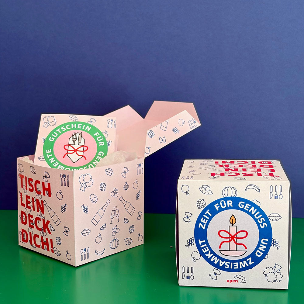 Restaurant Gutschein Geschenkbox als Printable Download – moderne DIY Verpackung für ein gemeinsames Essen.