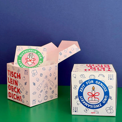 Restaurant Gutschein Geschenkbox als Printable Download – moderne DIY Verpackung für ein gemeinsames Essen.