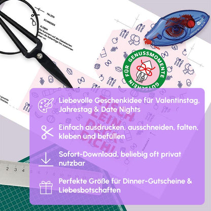 Restaurant Gutschein Set als DIY PDF Download mit Bastelmaterialien wie Schere, Lineal und Kleber – moderne Geschenkbox zum Ausdrucken, Ausschneiden und Falten, ideal für Valentinstag, Jahrestag oder Date Night.
